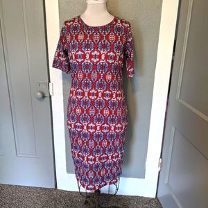 LuLaRoe Julia short-sleeved bodycon dress, red, white, and blue, size XL
